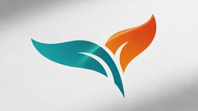 Shifting lighting revealing emblem on studio sheet, presenting teal leaf, orange flame, white cuts