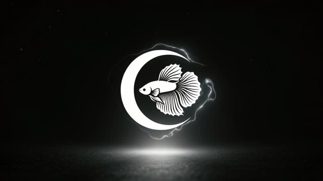 Brightening central white crescent emblem forming energy halo, showing betta shape on shiny floor