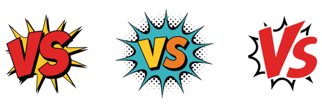 Versus battle icon set, comic lightning bolt clash graphics, energetic VS symbols, dynamic fight and competition badge style vector illustration.