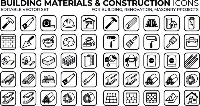 Construction icons depict various building materials and tools used for renovation projects.