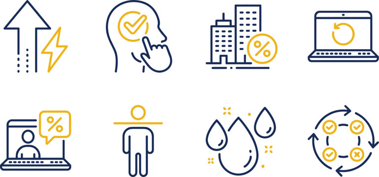Business and technical linear icon set containing development mindset mortgage laptop recovery water drop and process loop vector illustration
