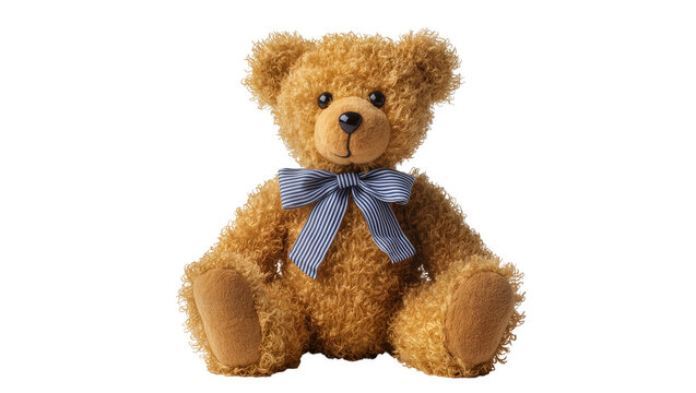 Fluffy brown teddy bear with blue striped bow tie