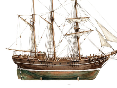 Detailed watercolor illustration of a classic wooden sailing ship featuring tall masts with white sails and intricate rigging lines displayed in a side profile view isolated on transparent background