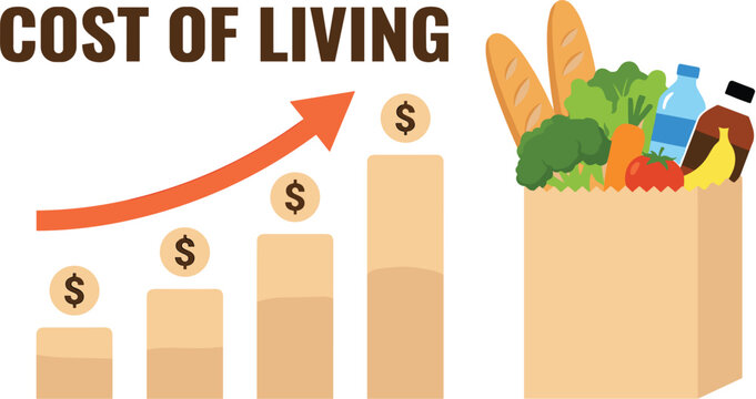 Cost of living concept with rising grocery prices bar chart inflation arrow and full paper bag vector illustration