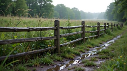Fototapeta premium Serene rural landscape with wooden fence, lush greenery, and muddy trail near water
