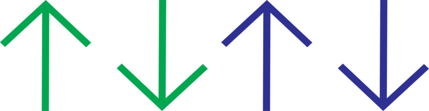 Set of four outline arrows pointing up and down in green and blue stroke style