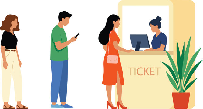 People standing in line waiting to buy cinema or event tickets at box office counter booth vector illustration