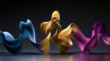 Obraz premium Panoramic view of flowing ribbons representing emotions with different colors and patterns displayed on a dark backdrop. Copy space is available.