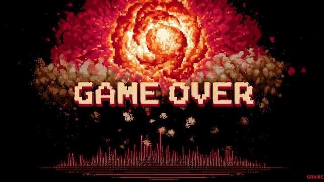 Retro pixel art game over screen with fiery explosion and audio waves