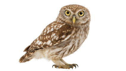 Fototapeta premium Little owl with yellow eyes and brown speckled feathers