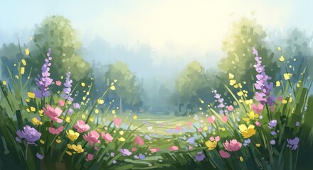 Obraz premium Enchanting Meadow Path Bathed in Golden Sunlight.