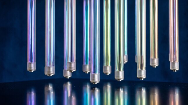 Array of colorful fluorescent light tubes with metallic bases reflecting on a dark surface