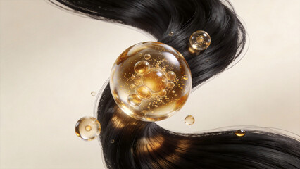 Fototapeta premium Black Hair Strand with Transparent Golden Serum Spheres on Soft Beige Background, Luxury Hair Care Biotechnology Concept