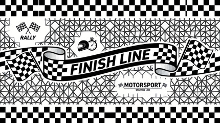Rally cars cross finish line on racing track with checkered flags © Umbreon