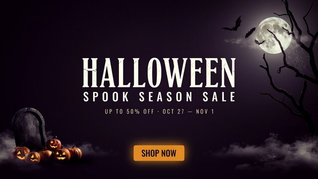 Halloween Spook Season Sale with Pumpkins Gravestone Bats and Moon full hd 4k stock image download spooky