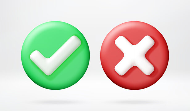 Green check mark and red cross sign for check list. 3D icon set of right and wrong choice. Confirm and cancel button for web interface, survey form and decision making technology concept.