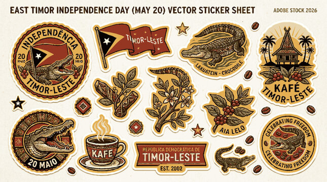 East timor independence day vector sticker sheet with crocodile