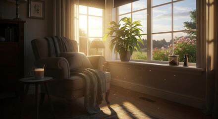 Obraz premium Cozy armchair bathed in warm sunlight streaming through a window