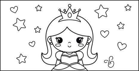 Kawaii princess coloring page illustration with stars and hearts © TouhidaJahan