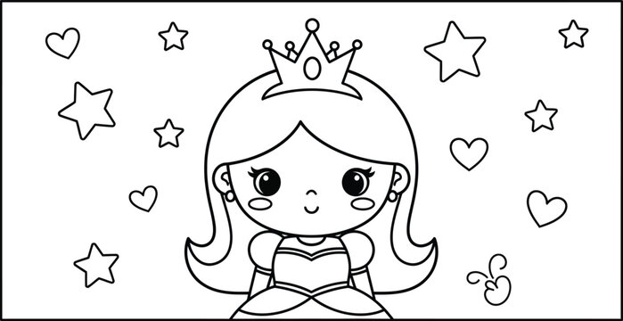 Kawaii princess coloring page illustration with stars and hearts