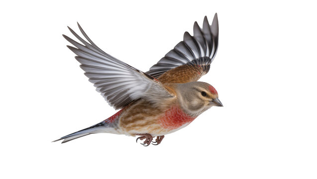 Common Linnet bird in flight with wings spread