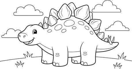 Stegosaurus dinosaur cartoon illustration with clouds and grass © TouhidaJahan