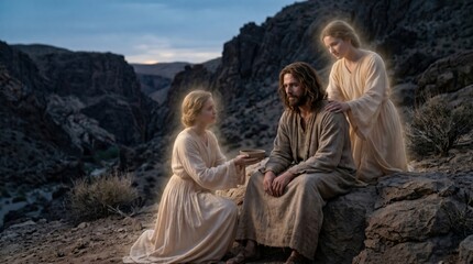 Obraz premium Jesus Christ sitting in desert wilderness served by glowing angels after temptation. Divine scene of biblical figure cared for by celestial beings. Spiritual religious concept.