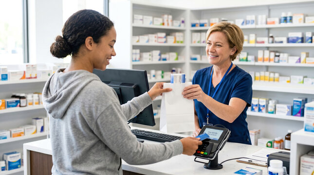 A customer stands at the pharmacy counter. The worker hands over a prescription while the customer prepares to pay. Both appear engaged in the transaction