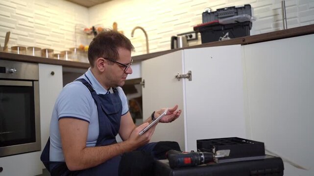 Plumber checking instructions on a tablet for kitchen repair
