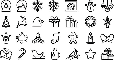 Obraz premium Christmas Holiday and Winter Line Icon Set Featuring Snowman Santa Hat Reindeer Gingerbread Man Snow Globe Fireplace Mittens Candle and Festive Outline Symbols