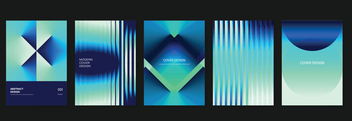 Abstract gradient poster vector set. Cyan teal blue geometric cover templates with folded shapes, striped light effects and modern minimal layouts.