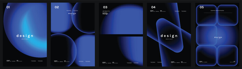 Fototapeta na wymiar Abstract blue gradient poster vector set. Futuristic dark cover templates with glowing geometric shapes, rounded forms and modern event layouts.