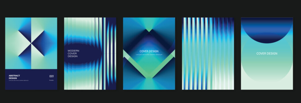 Abstract gradient poster vector set. Cyan teal blue geometric cover templates with folded shapes, striped light effects and modern minimal layouts.