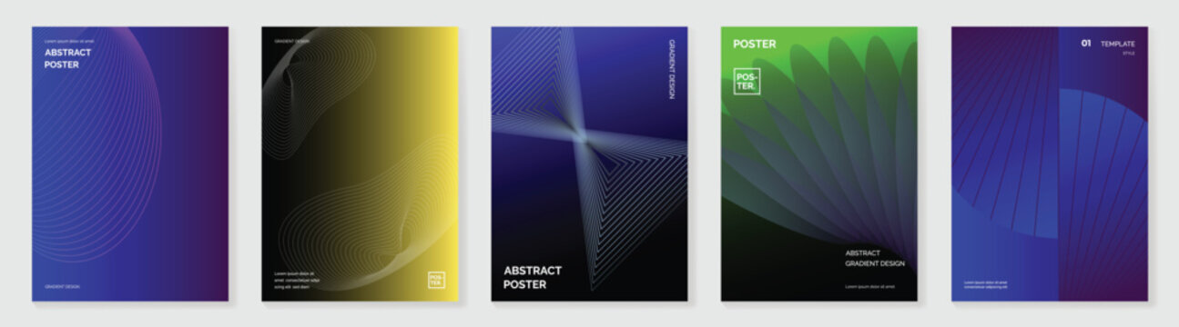 Neon geometric poster vector set. Purple blue gradient cover templates with futuristic 3D shapes for social media, flyer and event design.
