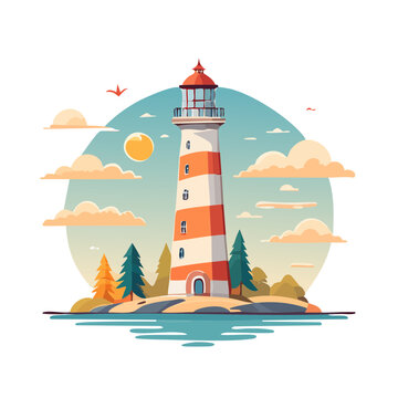 Flat illustration of a red and white lighthouse on an island