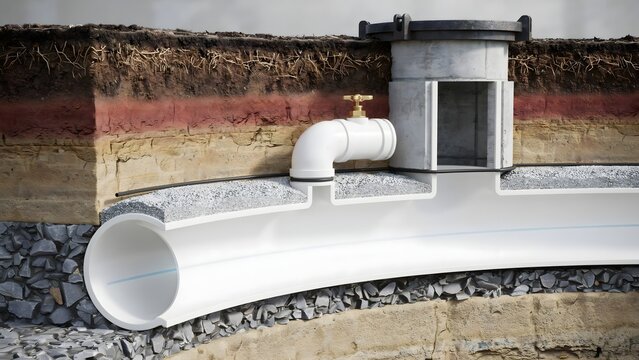Cross-section of underground pipe system with valve and surrounding soil layers