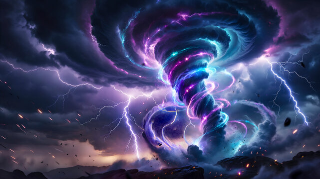 Mystical Blue Purple Tornado with Lightning and Energy Storm on Dark Rocky Terrain