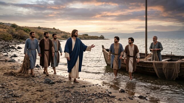 Jesus calling fishermen as disciples on the shore of the sea of Galilee. Biblical scene with men leaving boat and net to follow Him. Historical religious narrative in ancient setting.
