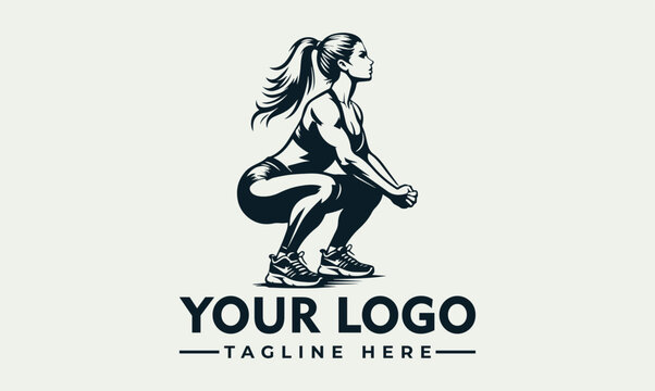Strong Fit Woman Performing Squat Workout Exercise Vector Logo Illustration