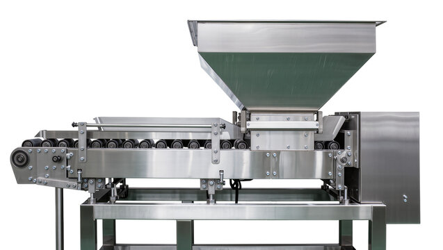 Industrial conveyor belt system with hopper and rollers