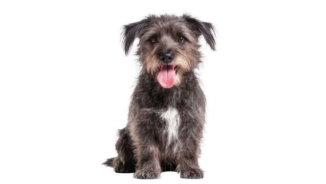 Scruffy terrier mix dog sitting with tongue out