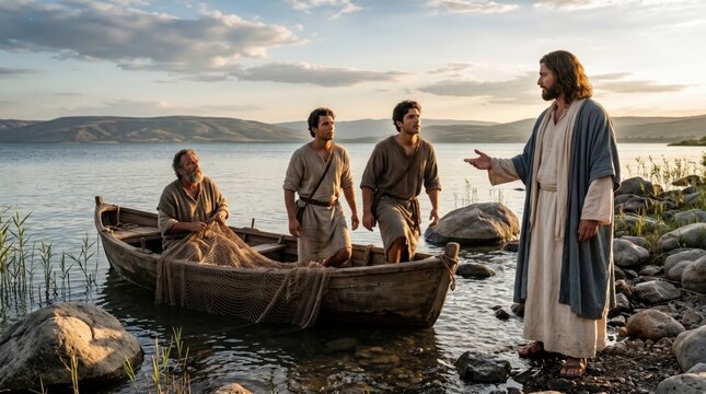 Jesus calling fishermen Andrew, Peter, James and John by the Sea of Galilee. Biblical scene of disciples leaving their boat and net to follow. Religious historical narrative art.