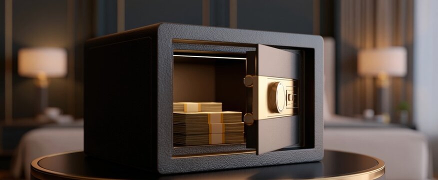 Open steel safe with stacks of cash in elegant hotel room emphasizing secure storage and guest safety.