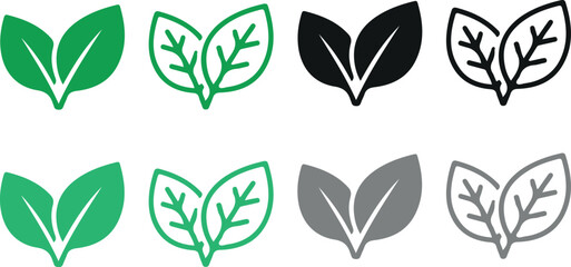 Set of colorful leaf icons in various styles including solid and outline designs for ecology and nature concepts, presented in blue, green, and grey color variations most valueable © JOBAER GRAPHIC