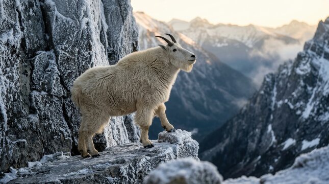 Mountain goat stepping onto a narrow frost-coated cliff ledge at sunrise, a sure-footed winter animal above an alpine gorge with shaggy white coat, black horns, rugged rock, and distant snowy summits