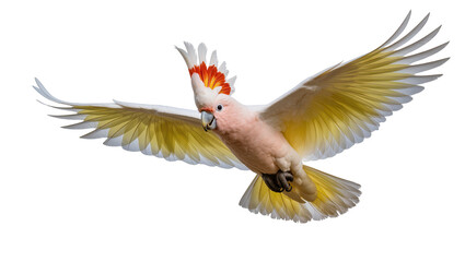 Pink cockatoo with crest raised flying with wings spread © Julia