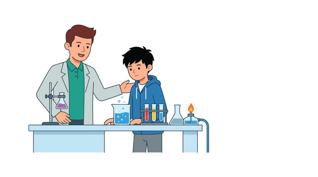 A science teacher guiding a student during a chemistry experiment in a laboratory.