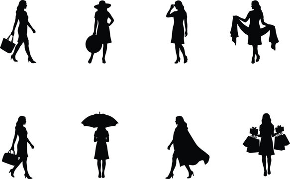 Elegant Women Fashion Silhouette Set with Shopping Walking Accessories Umbrella and Stylish Lifestyle Poses