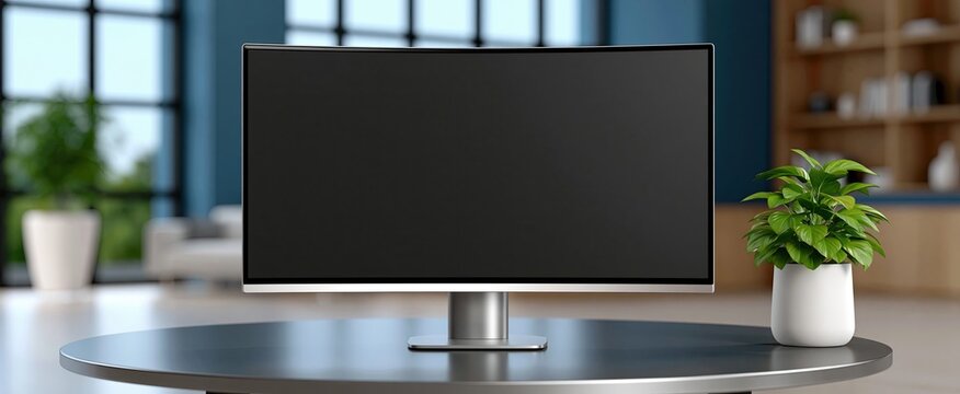Bright minimalist studio featuring a stylish ultra-wide monitor displaying vibrant graphic designs on a clean workspace.