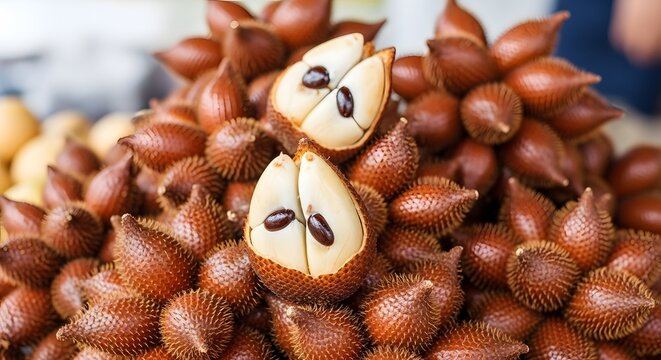 Fresh brown snake fruit salak palm tropical exotic fruits piled together with peeled sweet segments showing black seeds